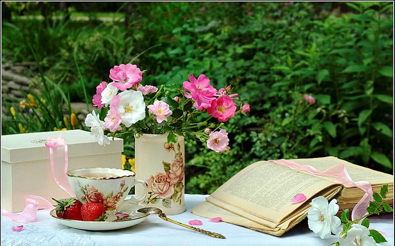 Time for tea 2, book, vase, box, aroma, tea, outdoors, elegant, floral, still life, flowers, strawberries, pink, porcelain, time, roses, abstract, cup, tasty, garden, white, HD wallpaper
