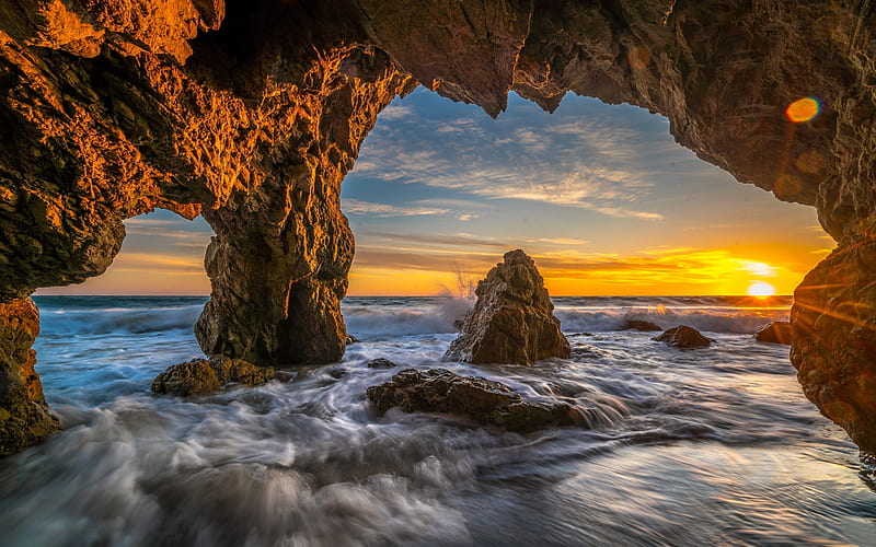 seascape, evening, sunset, sea, waves, water splashes, stones, grotto, HD wallpaper
