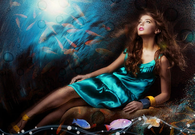 Underwater Fantasy Girl, pretty, dress, fish, bonito, digital art, woman,  elegant, HD wallpaper | Peakpx