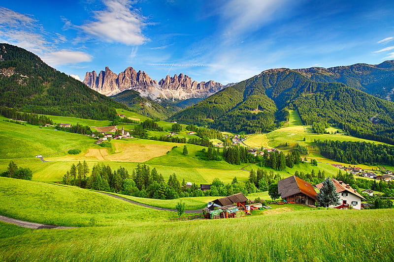Dolomites, Italy, mountain, houses, Italy, slope, dolomites, village, bonito, HD wallpaper