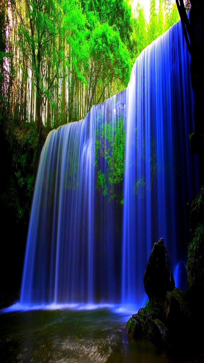 Blue Waterfall, blue, calm, cool, forest, green, landscape, nature, waterfall, HD phone wallpaper