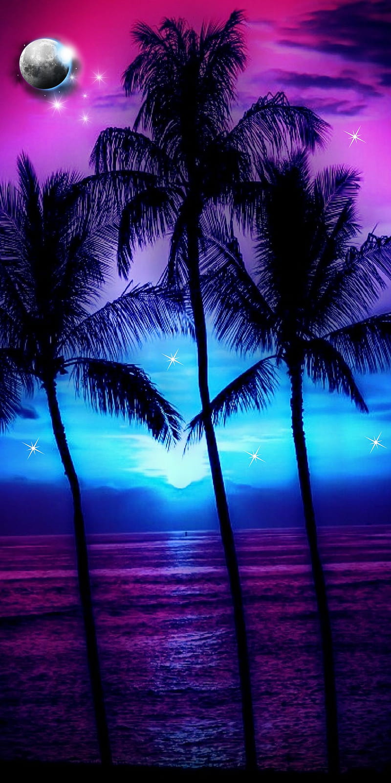 Palmtree sunset, moon, papmtrees, HD phone wallpaper