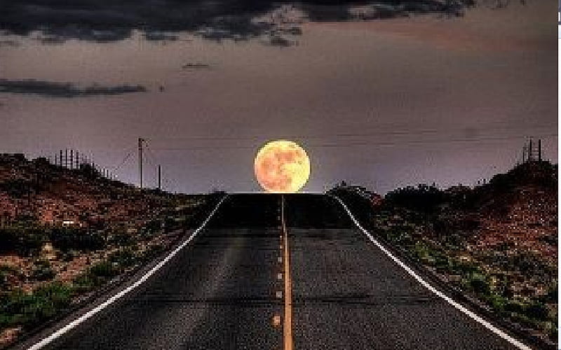 Path to the Moon, highway, desert, moon, road, HD wallpaper