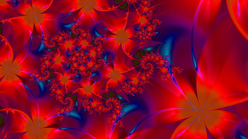 Red Blue Fractal Patterns Flowers Abstract, HD wallpaper