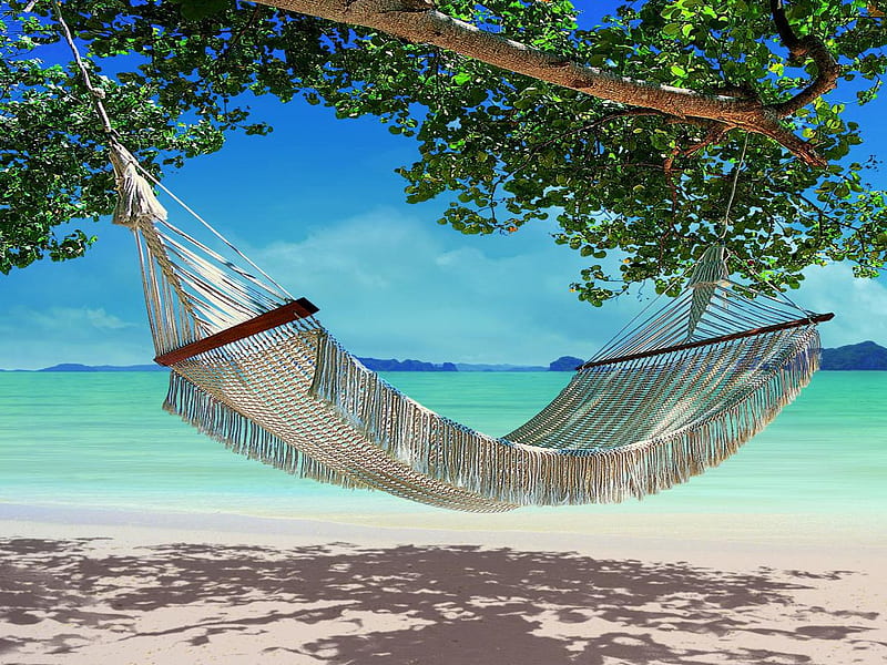 Just Relax, bonito, hammock, clouds, sea, beach, turquoise, leaves, sand, green, beauty, blue, exotic, lovely, view, ocean, relax, colors, sky, trees, tree, paradise, peaceful, summer, nature, relaxing, tropical, HD wallpaper