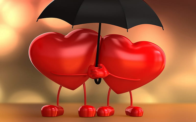 two hearts, 3D art, love concept, black umbrella, 3D hearts, HD wallpaper