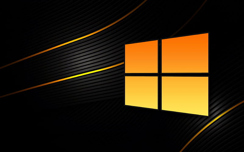 Windows 10, black background, yellow logo, Microsoft, abstract waves ...