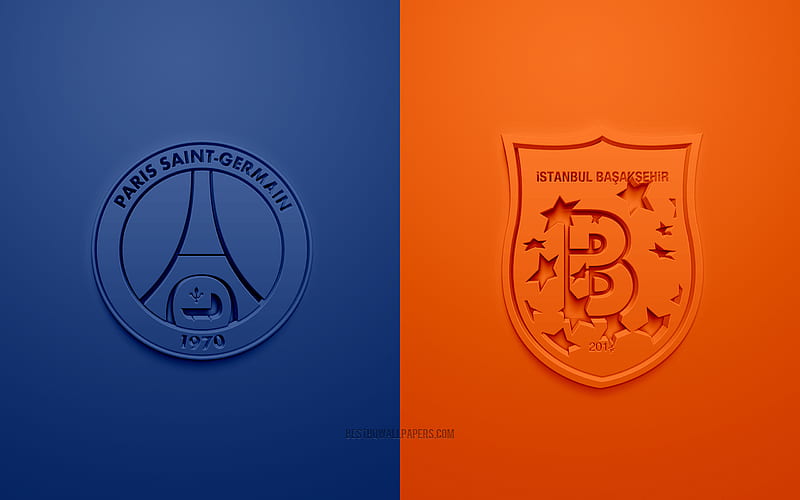 PSG vs Istanbul Basaksehir, UEFA Champions League, Group H, 3D logos, blue orange background, Champions League, football match, Paris Saint-Germain, Istanbul Basaksehir, HD wallpaper