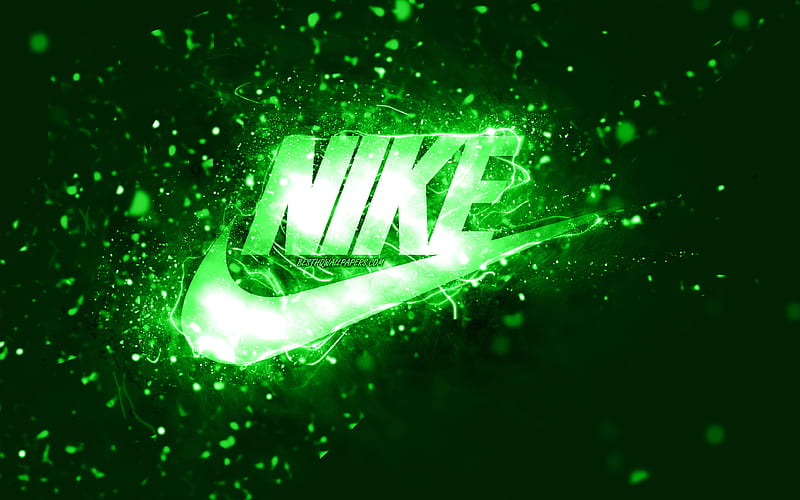 Nike green logo, , green neon lights, creative, green abstract background, Nike logo, fashion brands, Nike, HD wallpaper