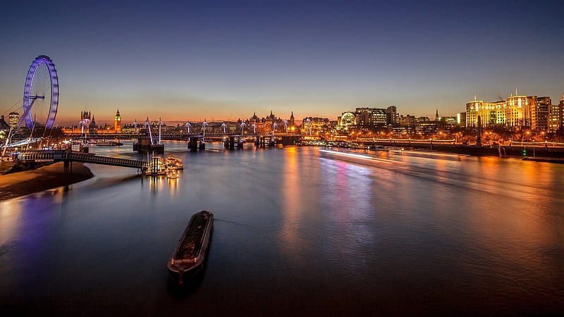 bridge, river thames, thames, ferris wheel, cityscape, lights, london eye, city, night, london, england, big ben, river, HD wallpaper