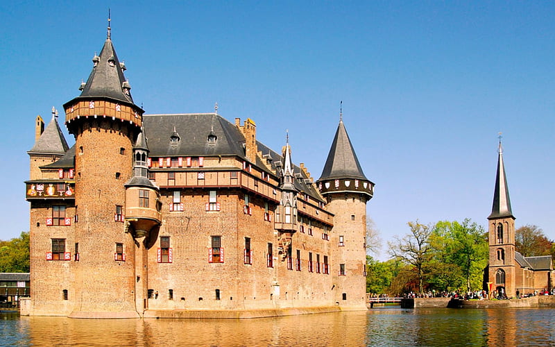 Castle de Haar, Netherlands, Reflection, Castle, Netherlands, Medieval, HD wallpaper
