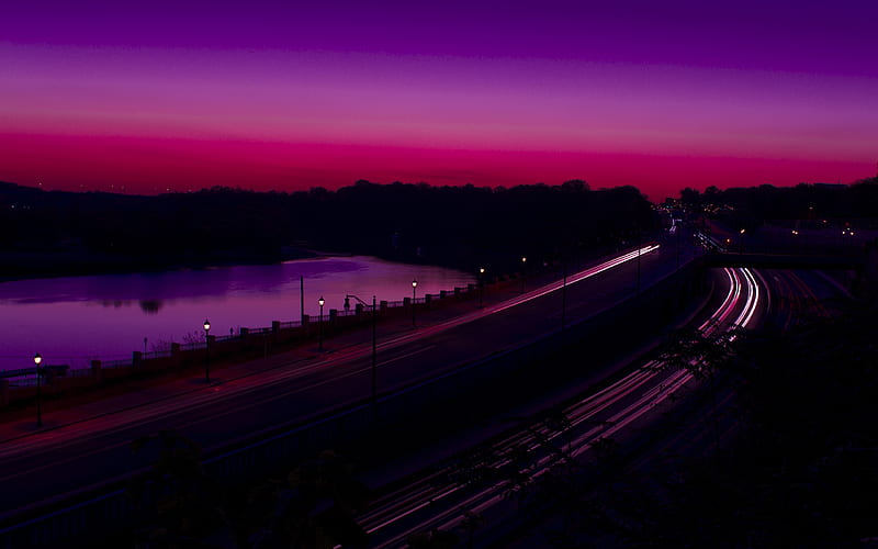 Dawn, City, Reflection, Light, Road, River, Highway, New Jersey, Man Made, HD wallpaper