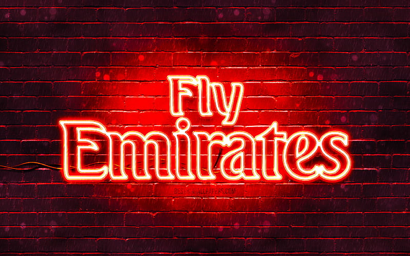 Emirates Airlines red logo red brickwall, Emirates Airlines logo, airline,  Emirates Airlines neon logo, HD wallpaper | Peakpx