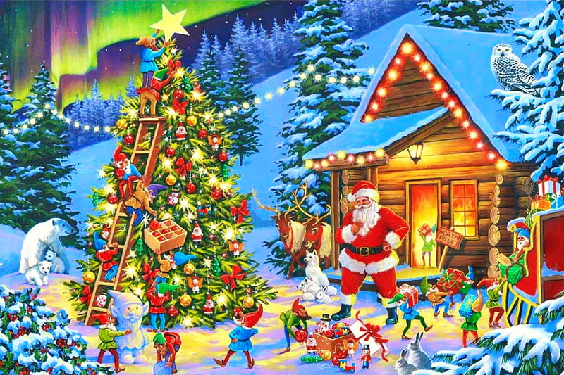 Winter wonderland, art, colorful, Christmas, house, decoration, wonderland, children, fun, joy, Santa, winter, tree, snow, village, presents, kids, HD wallpaper