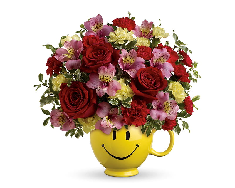 Happy Day!, red, rose, yellow, vase, smilie, card, bouquet, cup, flower, pink, HD wallpaper