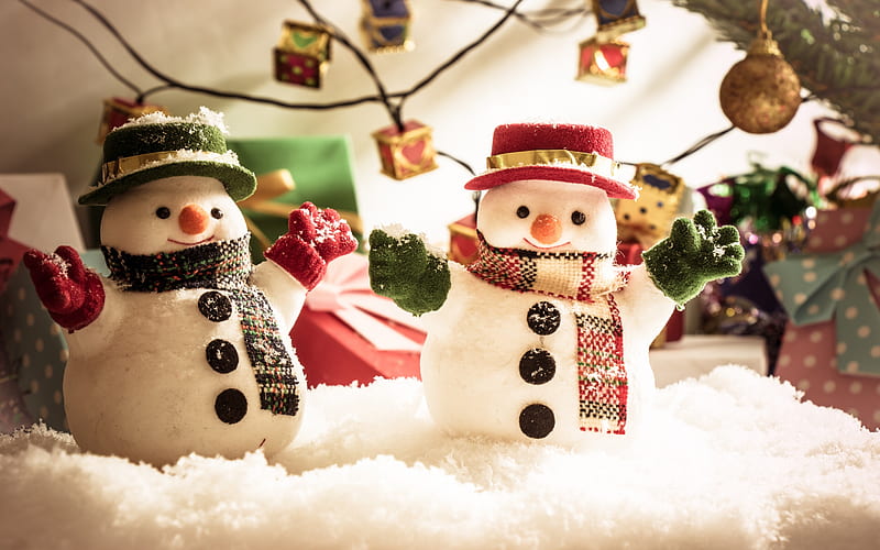 Christmas, snowmen, evening, snow, toys, figurines, winter, New Year, Merry Christmas, HD wallpaper