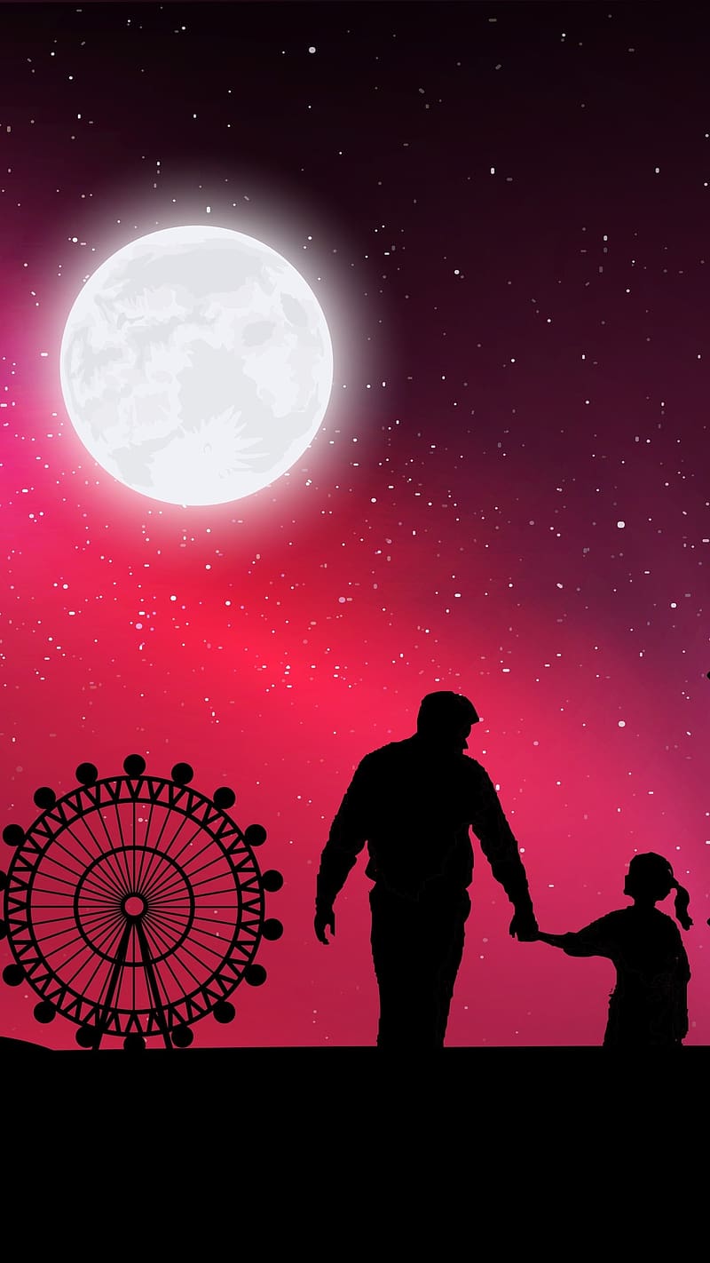 Father And Daughter, Pink Background, moon background, HD phone wallpaper