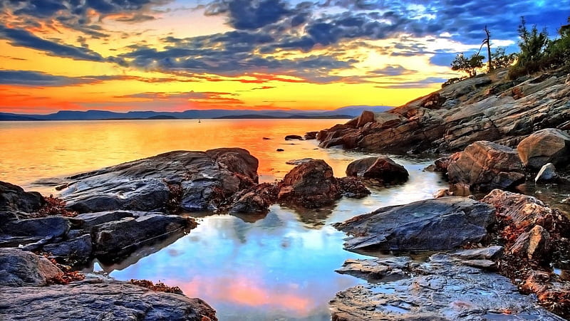 Sunset In Oslofjord, Norway, rocks, seashore, ocean, fjord, bonito, sunset, clouds, sky, HD wallpaper