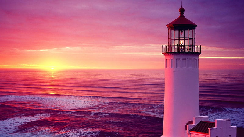 Lighthouse of the Purple Ocean, house, shore, sun, orange, sunset, clouds, sea, beach, SkyPhoenixX1, sunrise, light, ocean, waves, sky, lighthouse, water, purple, sunshine, coast, HD wallpaper