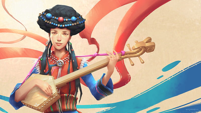 Ethnic minorities in Yunnan China pumi, girl, china, c z, asian, art, pumi, luminos, instrument, czart, fantasy, HD wallpaper