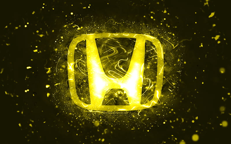 Honda yellow logo, , yellow neon lights, creative, yellow abstract background, Honda logo, cars brands, Honda, HD wallpaper