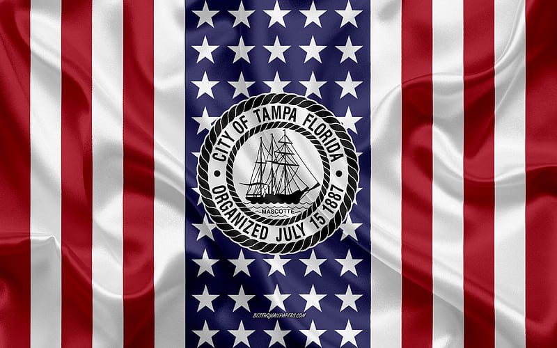 Tampa Seal silk texture, American Flag, USA, Tampa, Florida, American City, Seal of the Tampa, silk flag, HD wallpaper