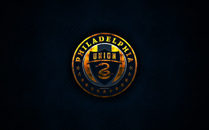 Philadelphia Union metal logo, creative art, American soccer club, MLS, emblem, blue metal background, Philadelphia, Pennsylvania, USA, football, Major League Soccer, HD wallpaper