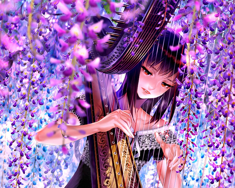Wisteria song, luminos, manga, wisteria, midori foo, instrument, girl, purple, anime, flower, pink, HD wallpaper