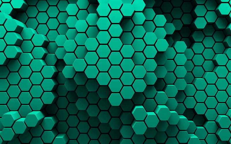 turquoise hexagons 3D art, creative, honeycomb, hexagons patterns, turquoise hexagons background, hexagons textures, turquoise backgrounds, hexagons texture, HD wallpaper