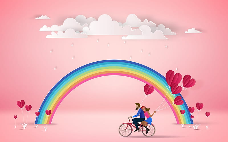 Happy Valentine's Day!, red, cloud, rainbow, valentine, creative, card, fantasy, texture, heart, bike, paper, white, pink, couple, HD wallpaper