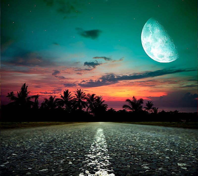 nature, road, moon, night, HD wallpaper