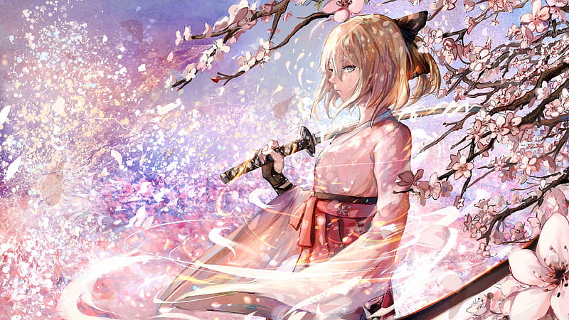 Anime girl, katana, sakura tree, komono, shorthair, HD wallpaper