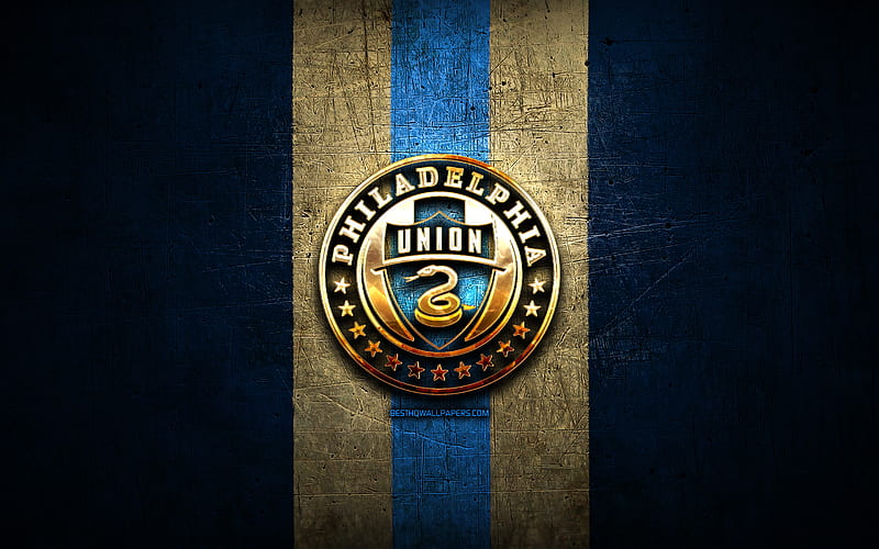 Philadelphia Union, golden logo, MLS, blue metal background, american soccer club, Philadelphia Union FC, United Soccer League, Philadelphia Union logo, soccer, USA, HD wallpaper