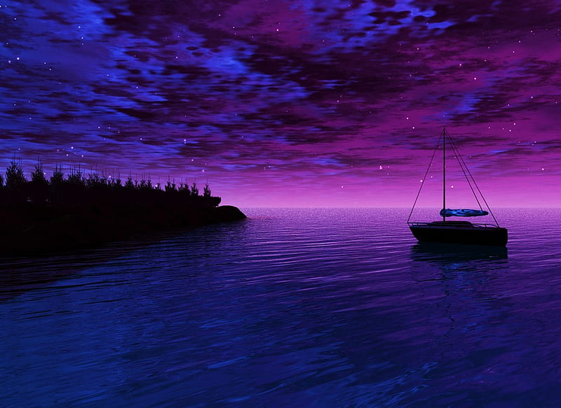 The essence of the sea, shore, boat, peace, clouds, pink, blue, night, HD wallpaper
