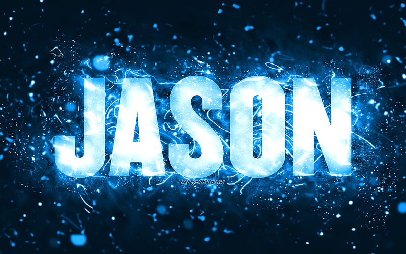 Happy Birtay Jason blue neon lights, Jason name, creative, Jason Happy Birtay, Jason Birtay, popular american male names, with Jason name, Jason, HD wallpaper
