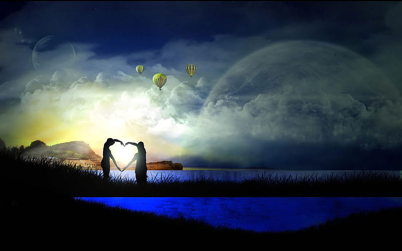 FANTASY, air ballons, moon, heart, sky, blue, HD wallpaper