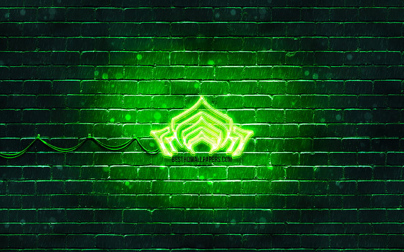 Warframe green logo green brickwall, artwork, Warframe logo, RPG, Warframe neon logo, Warframe, HD wallpaper