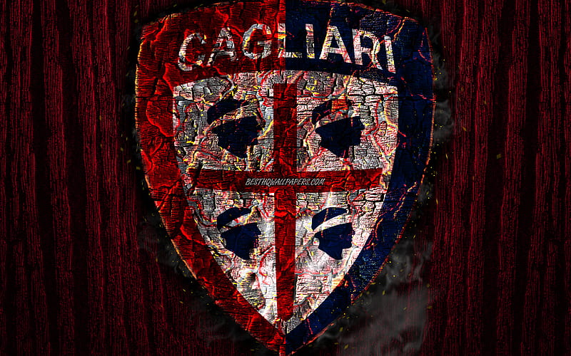 Cagliari FC, scorched logo, Serie A, purple wooden background, italian football club, Cagliari Calcio, grunge, football, soccer, Cagliari logo, fire texture, Italy, HD wallpaper