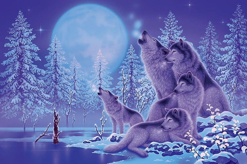 Moonlight, winter, iarna, animal, blue, art, frumusete, moon, kentaro nishino, howl, moon, lup, wolf, white, HD wallpaper