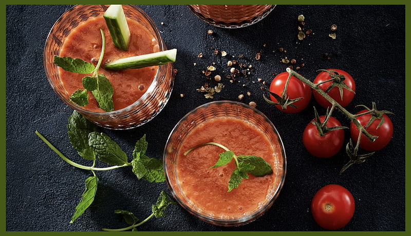 Lucious Beverages, tomatoes, mint, fresh ground pepper, yummy, juice, black sand, glasses, cucumbers, Denmark, HD wallpaper
