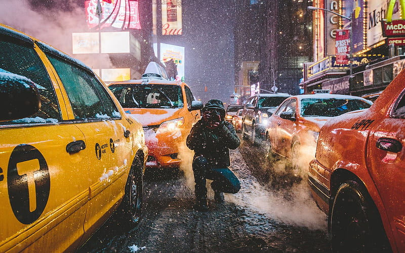 America, winter, New York, night, taxi, grapher, USA, HD wallpaper