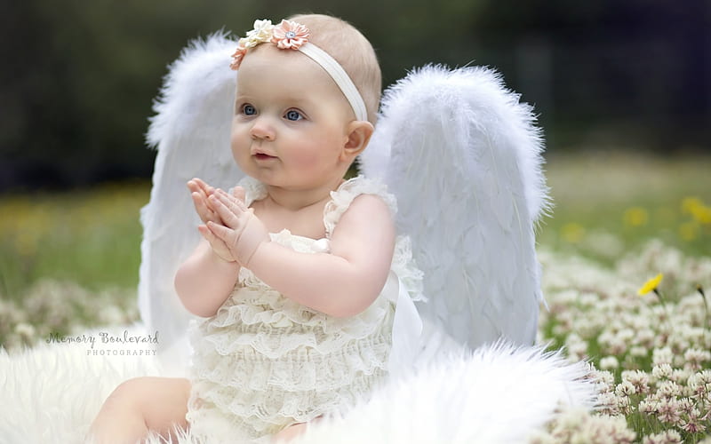 Little angel, wings, fetita, angel, baby, inger, sweet, cute, girl, green, feather, summer, flower, copil, child, white, pink, HD wallpaper