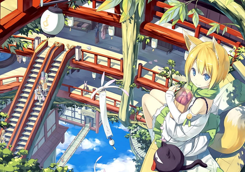 Branch of the quotient Daiki black honey, female, cloud, sky, cute, staircase, stair, girl, anime, anime girl, HD wallpaper