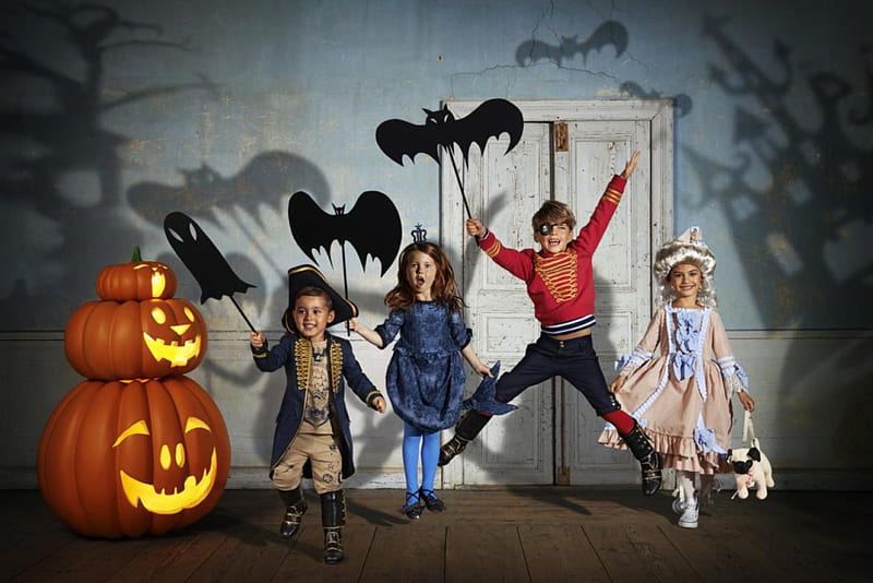 Happy Halloween!, copii, orange, costume, halloween, dovleac, children, black, boy, girl, pumpkin, bat, HD wallpaper