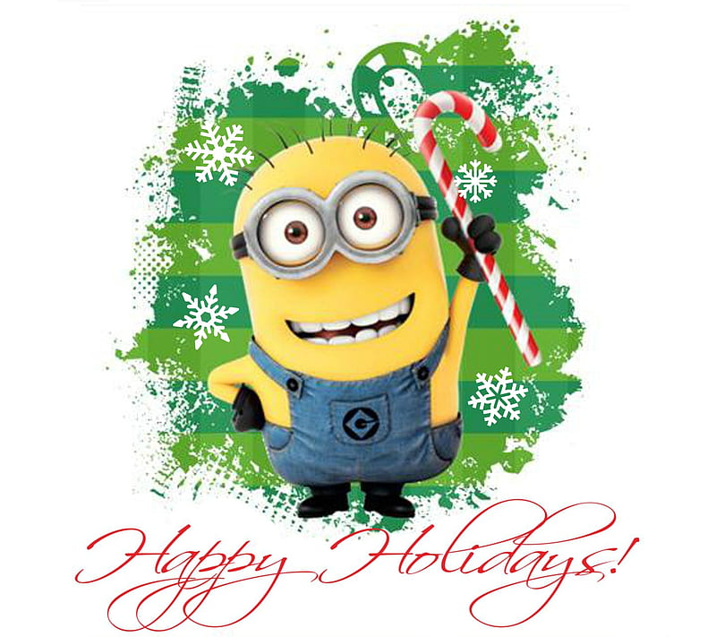 holiday minion, candy cane, cute, despicable me, happy, holiday, minion, snow, HD wallpaper
