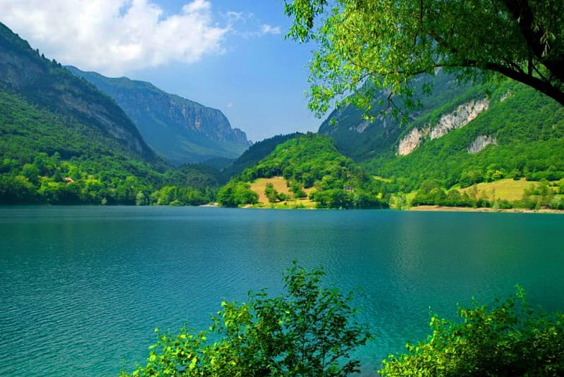 Alps-north Italy, morth, pretty, Alps, shore, lovely, Italy, greenery, bonito, sky, clouds, lake, mountain, nice, reflection, landscape, HD wallpaper