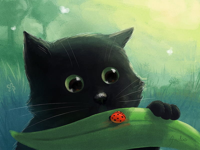 Curious, art, ladybug, fantasy, green, black, cat, pisici, leaf, paw, HD wallpaper