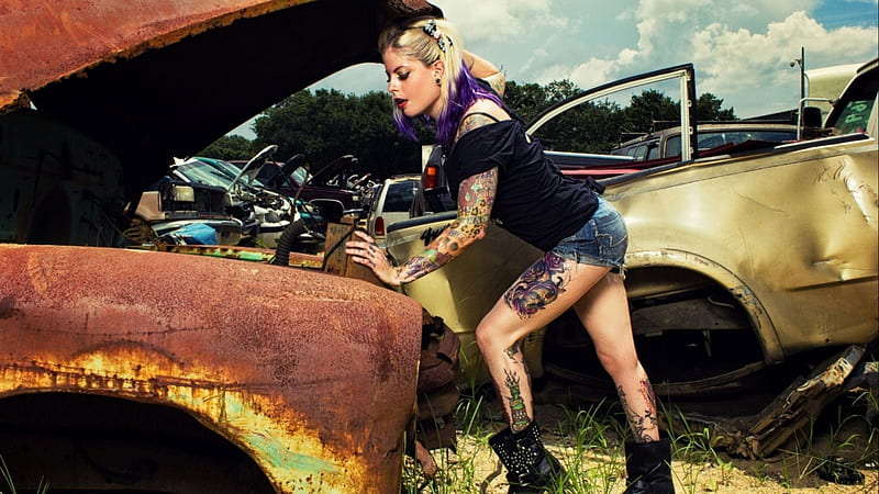 Rustic Dreamer, female, tattoo, fun, outdoors, women, junk yard, cowgirls, trucks, girls, style, HD wallpaper