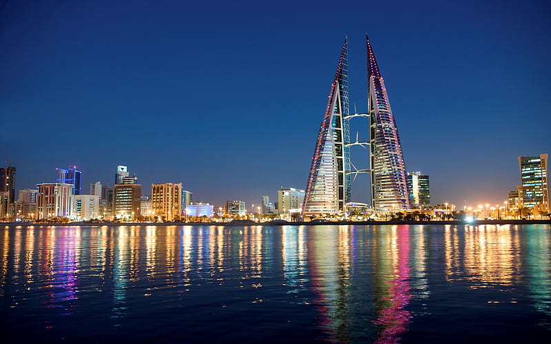 Manama, The capital of Bahrain, skyscrapers, Bahrain World Trade Center, night, cityscape, Persian Gulf, Bahrain, HD wallpaper