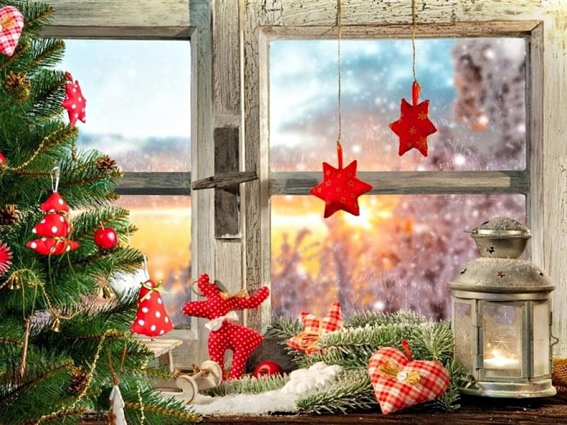 Christmas Candle, ornaments, Christmas tree, lantern, Holidays, Window, Miscellaneous, light, HD wallpaper